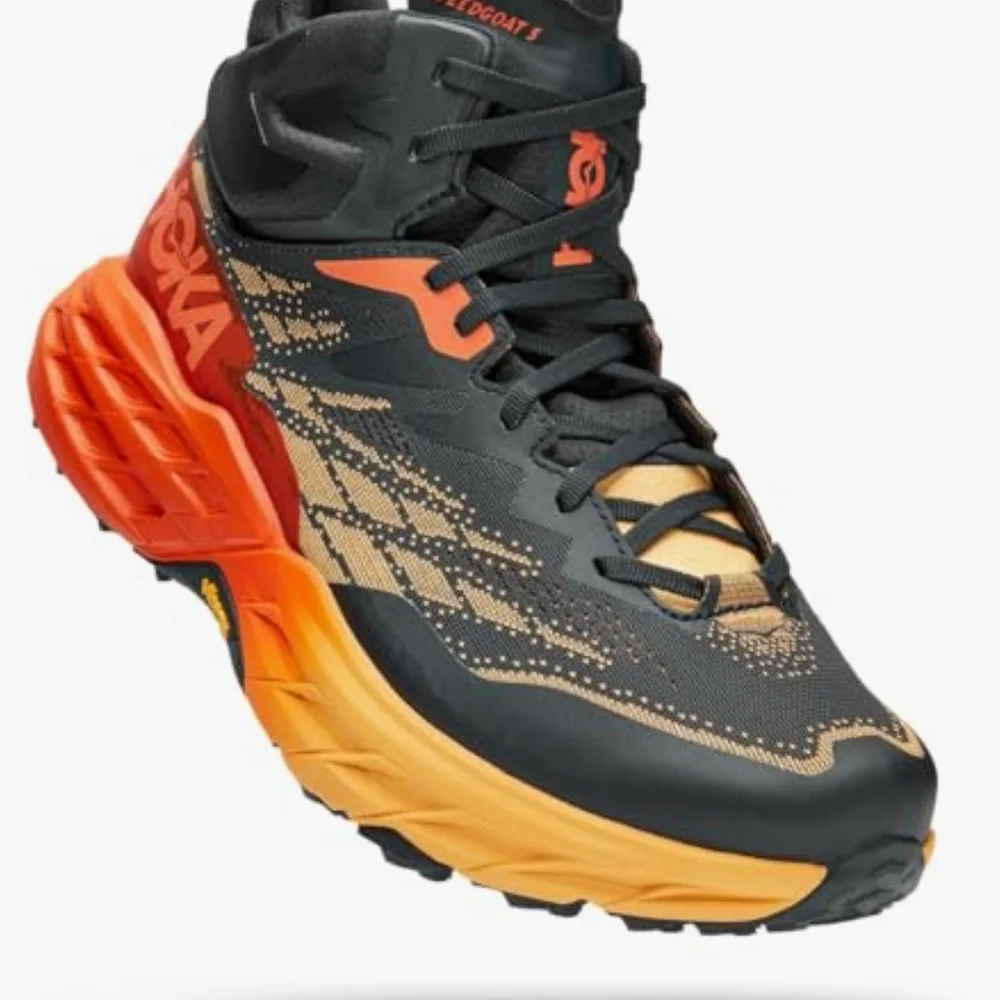Hoka Speedgoat 5 Mid GTX Gore-Tex WATERPROOF Hiking Boots Black / Orange Yellow - Picture 7 of 12